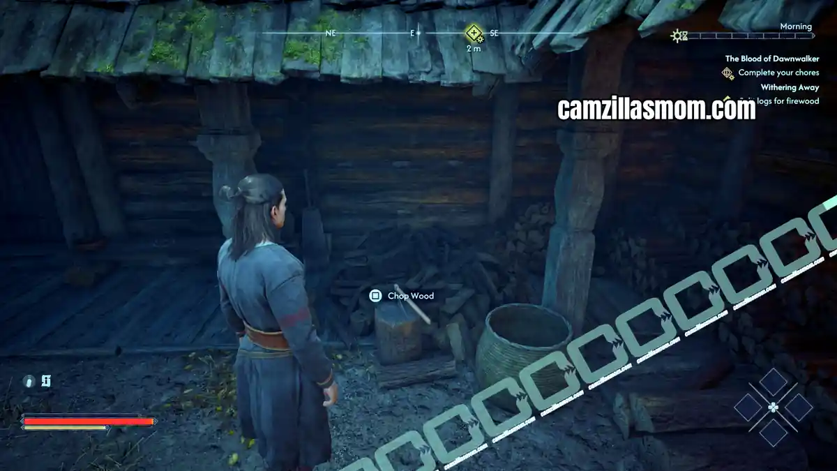 chopping-wood-withering-away-the-blood-of-dawnwalker Coen chopping logs at the block outside his bedroom in Withering Away › camzillasmom.com