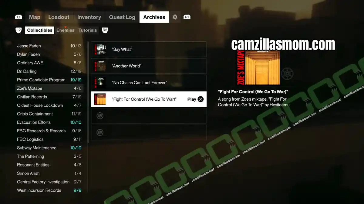 fight-for-control-zoes-mixtape-collectibles-control-resonant Fight For Control by Heviteemu from Zoes Mixtape playing as Dylan jumps from the balloon in the Unknown in Control Resonant › camzillasmom.com