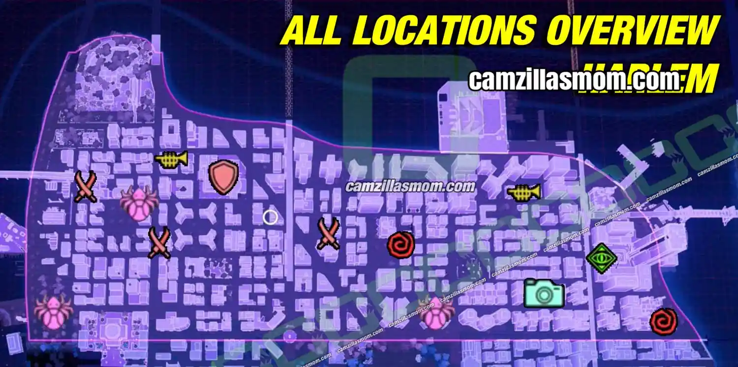 harlem-all-collectibles-overview-map-harlem-marvels-spider-man-2 Harlem activities map with all Spider-Bots, the Photo Op, Hunter Blinds, Mysterium, Cultural Museum missions and Symbiote Nests in Spider-Man 2 › camzillasmom.com