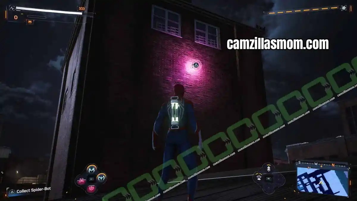 spider-bot-2-location-astoria-marvels-spider-man-2 Blood Spider Spider-Bot on a red-brick building wall in the north of Astoria in Spider-Man 2 › camzillasmom.com