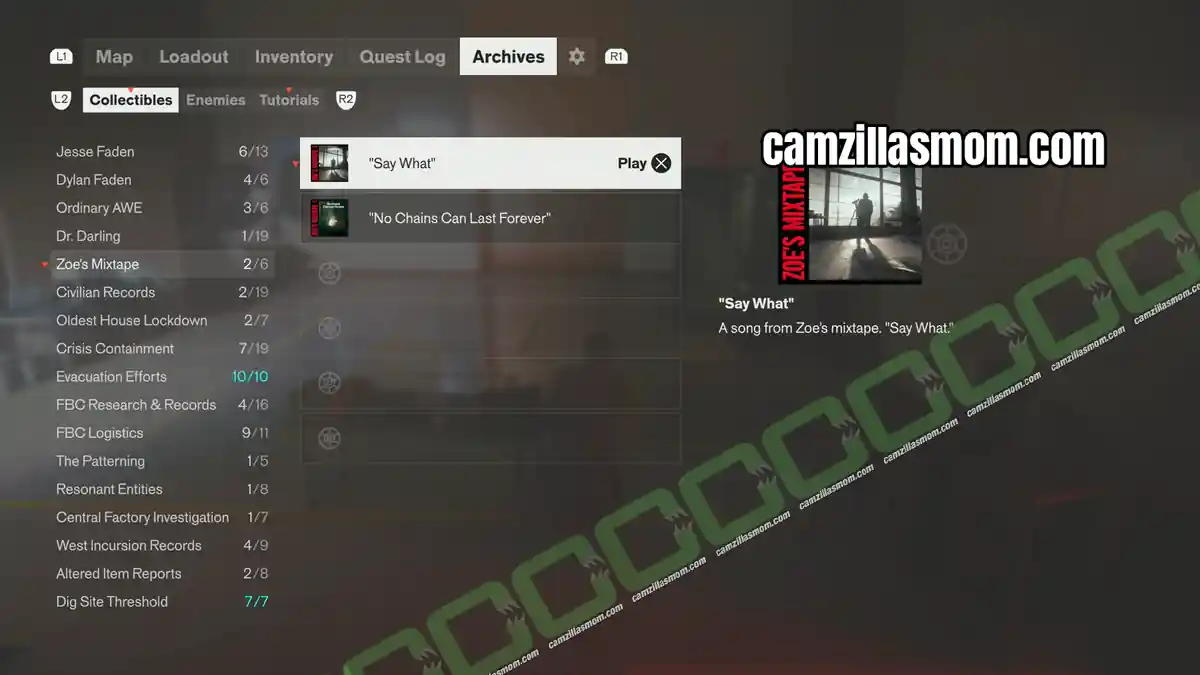 zoes-mixtape-say-what-collectibles-control-resonant Say What song from Zoes Mixtape unlocked after escaping the Evac Building in the Evacuation Zone in Control Resonant › camzillasmom.com