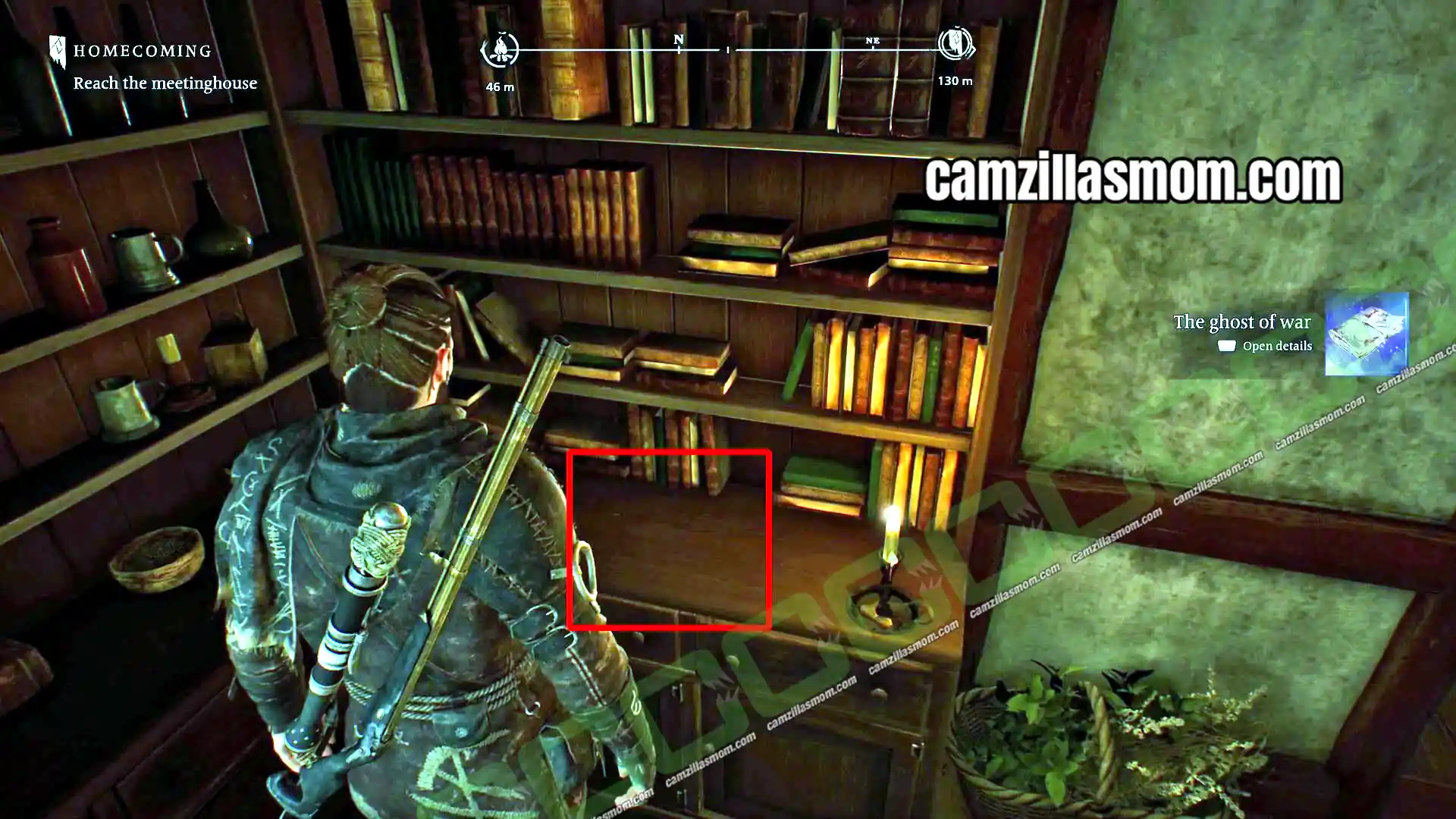 2-penningtons-house-the-ghost-of-war-collectibles-new-eden-town-banishers-ghosts-of-new-eden The Ghost of War collectible on the bookshelf in Pennington house in New Eden Town in Banishers Ghosts of New Eden › camzillasmom.com