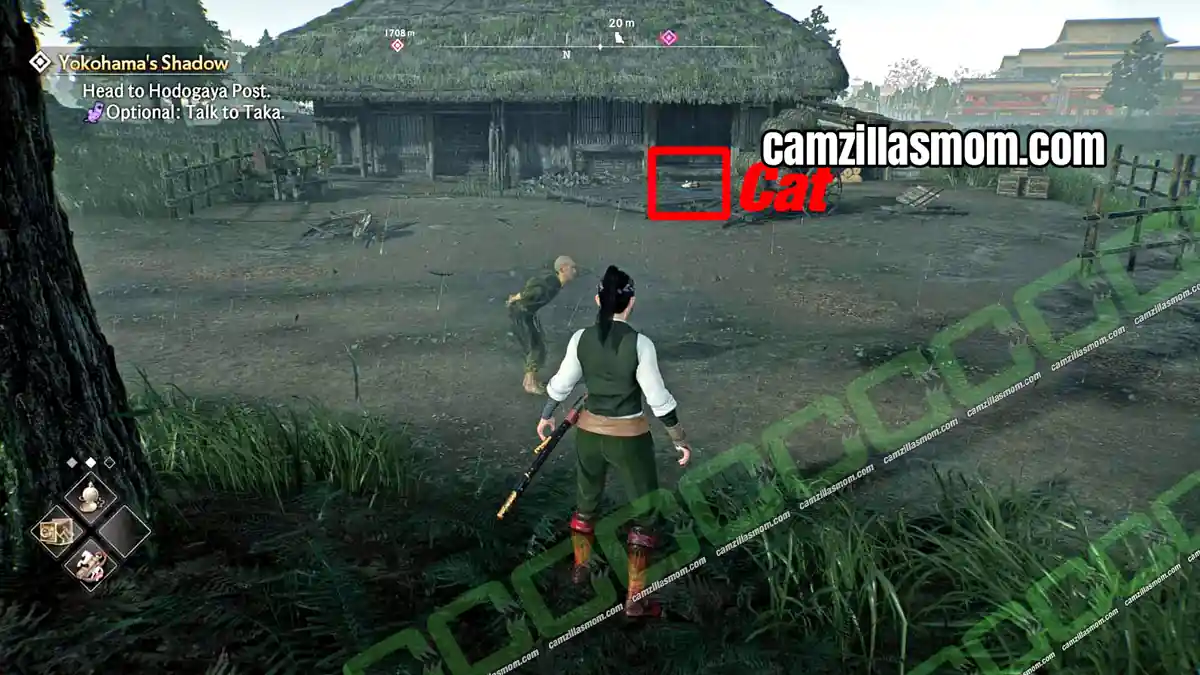 cat-2-location-yoshida-shinden-region-rise-of-the-ronin Calico cat at a house north of the Eastern Settlement in Yoshida-Shinden in Rise of the Ronin › camzillasmom.com