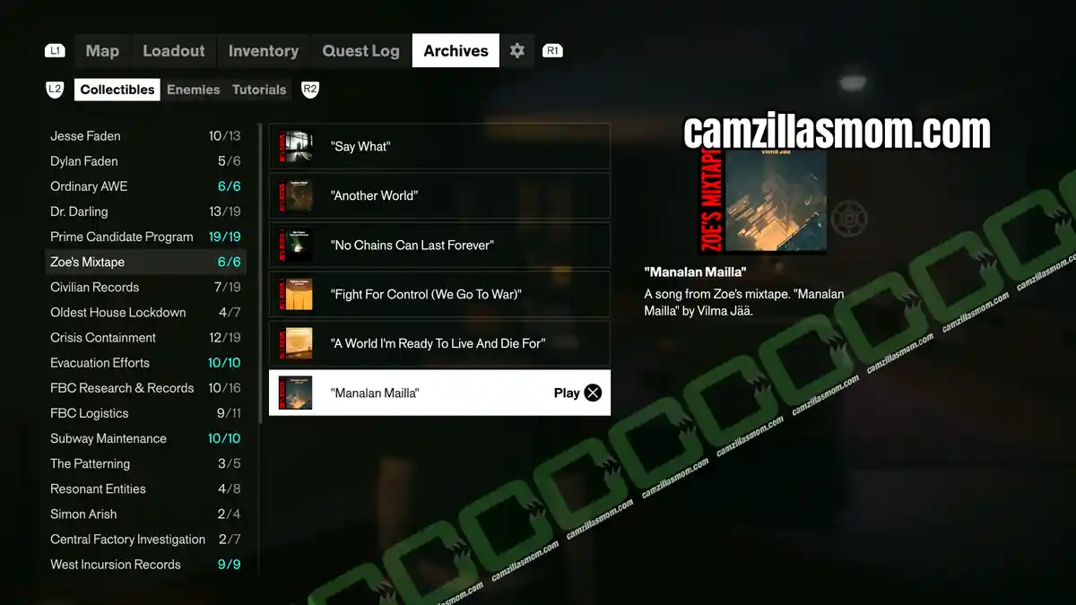 manalan-mailla-zoes-mixtape-collectibles-control-resonant Manalan Mailla by Vilma Jaa from Zoes Mixtape after finishing the main story in Control Resonant › camzillasmom.com