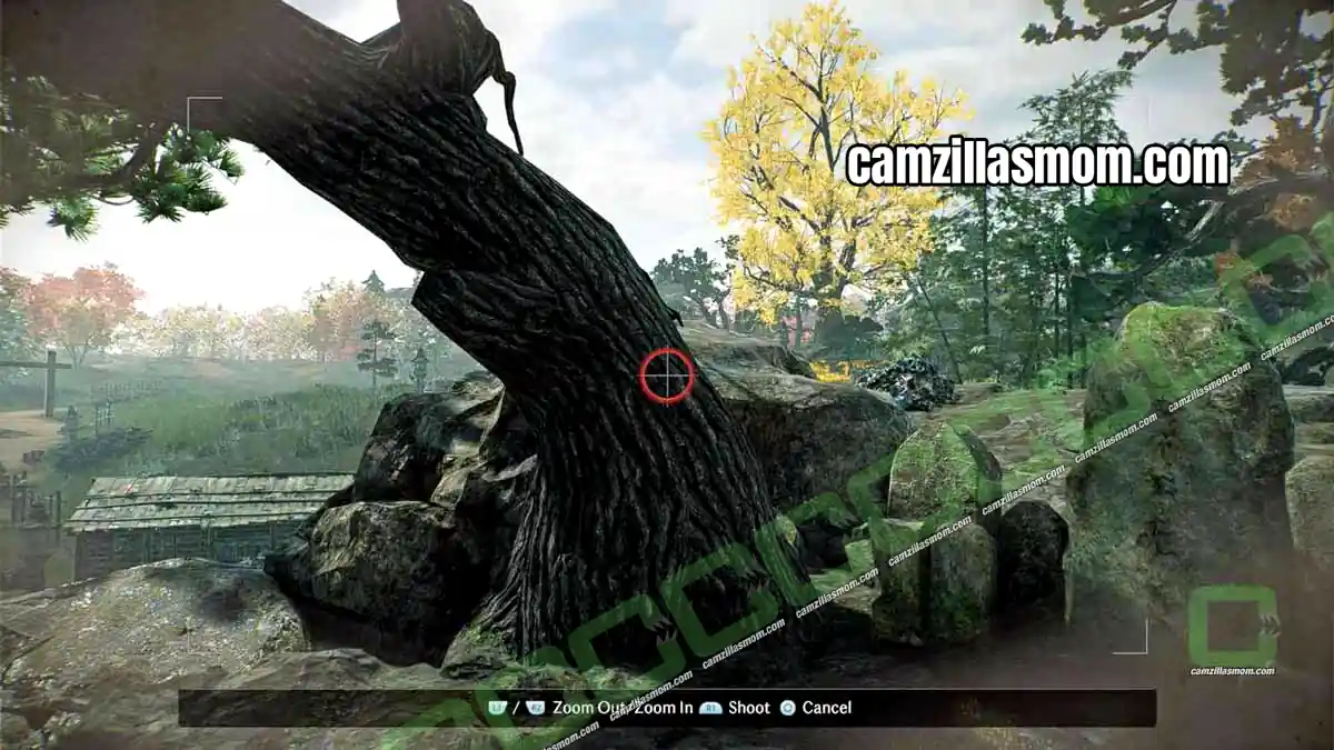 photo-hint-how-to-take-the-photo-hodogaya-region-rise-of-the-ronin Camera aimed at the Giant Ginkgo Tree trunk with the red circle in Hodogaya in Rise of the Ronin › camzillasmom.com